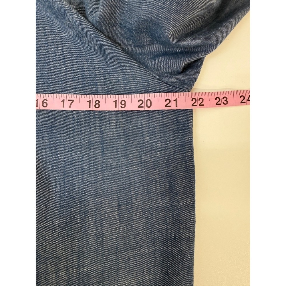 Misa Wrap Blouse Size M Blue Ruffle Bell Sleeve Bow Detail Chambray Style - Picture 8 of 11